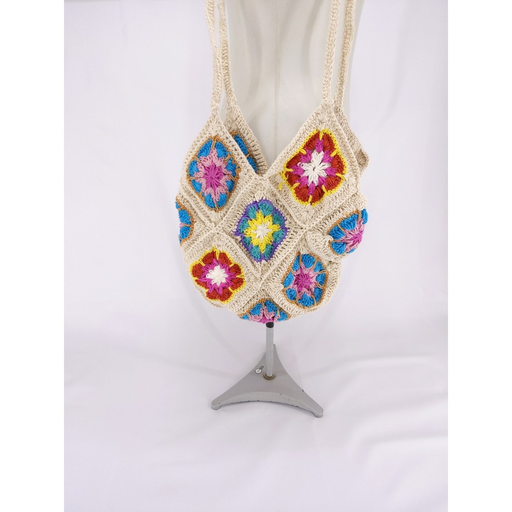Unbranded Crochet Granny Square Tote Bag Beige Multi Boho Retro Purse